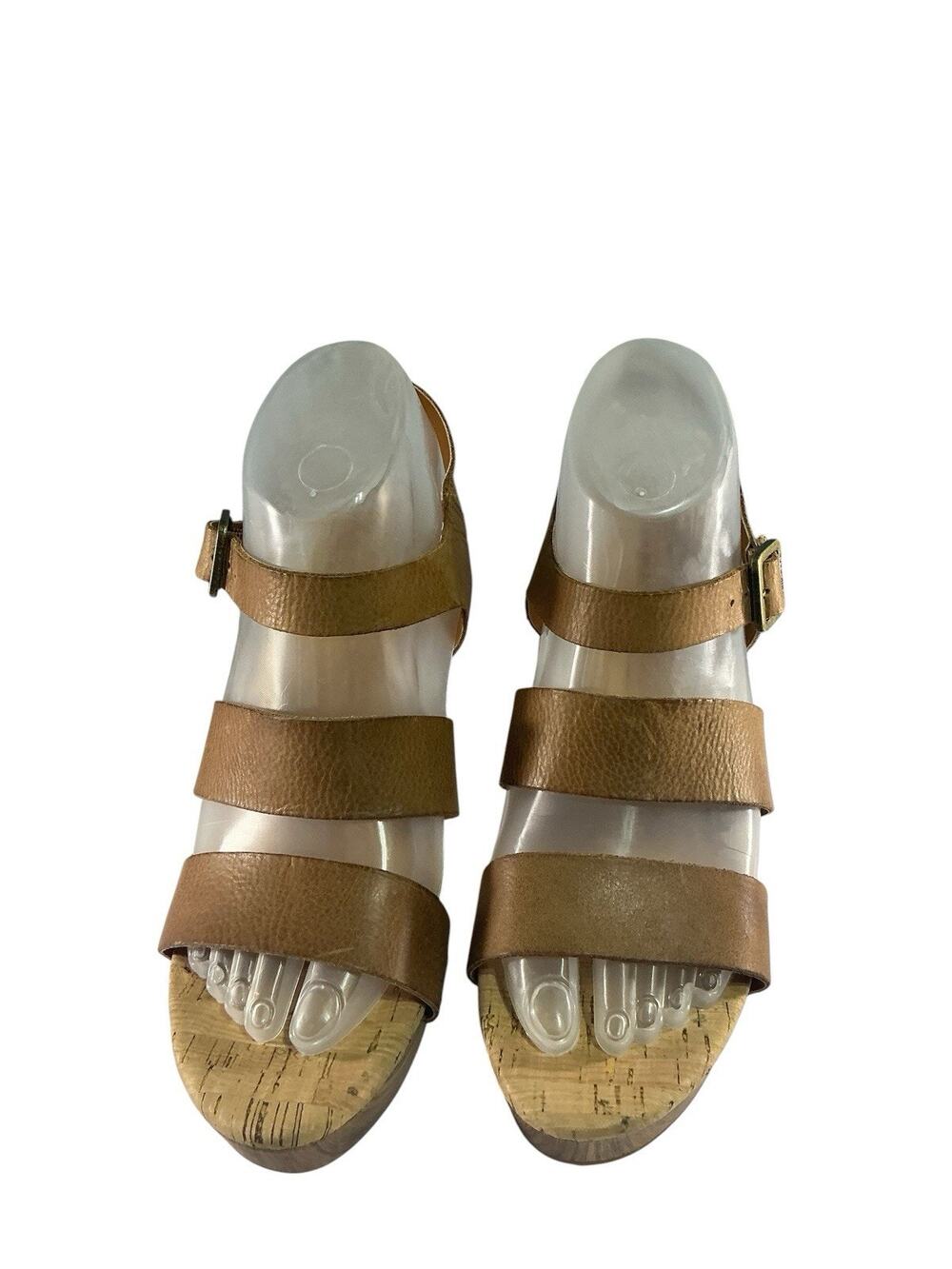 Kork-Ease Della Tan Light Brown Leather Cork Strappy Platform Heels Sandals Sz 8